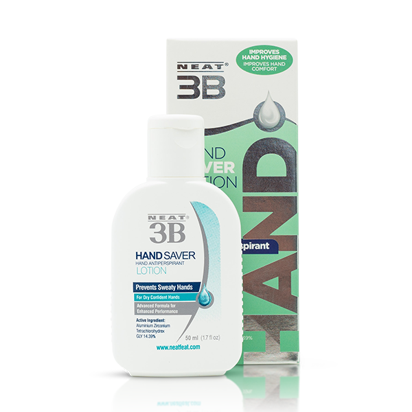 Neat 3B Hand Saver Lotion For Hand Sweat, shown in both the box and tube. The packaging highlights its effectiveness in reducing hand sweat, with clear product information and a simple, easy-to-read design.