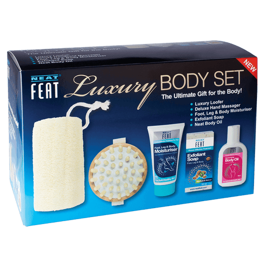 Neat Feat Luxury Body Set box, shown front-on and slightly turned, featuring a blue design with visible details of the products inside.